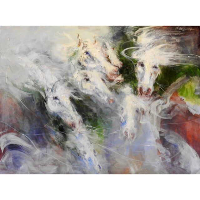 Oil Painting, Whites, Greens, Red, "V Horse Profiles Shown in Various Directions" For Sale - Image 13 of 13