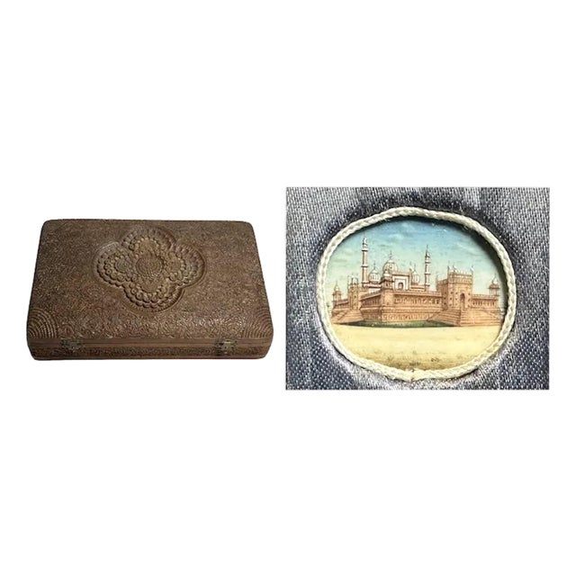 Anglo-Indian Carved Box: 19th Century Jama Masjid Miniature Painting For Sale