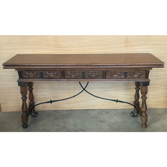 Early 20th Century Spanish Fold Out Console Table with Iron Stretcher & 3 Drawer For Sale - Image 16 of 18