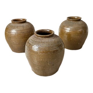 Antique Chinese Terracotta Ceramic Pickling Jar Flower Pot Planter Vases - Set of 3 For Sale