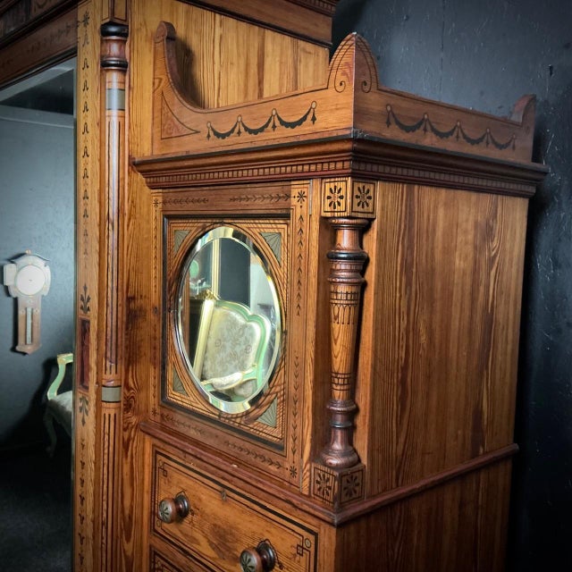 Victorian Pitch Pine Hand Decorated Wardrobe, 1875 For Sale - Image 3 of 10