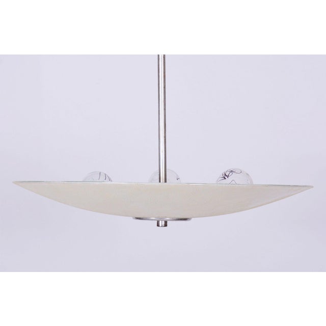 Bauhaus Chandelier in Chrome, Steel and Frosted Glass, Czech, 1940s For Sale - Image 6 of 13