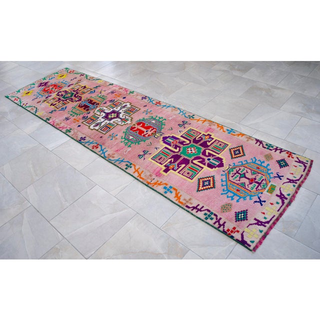 1970s Runner Rug Turkish Hand-Knotted Rug Pink Hallway Decor Kitchen Runner 3x10 Ft Approx For Sale - Image 15 of 18