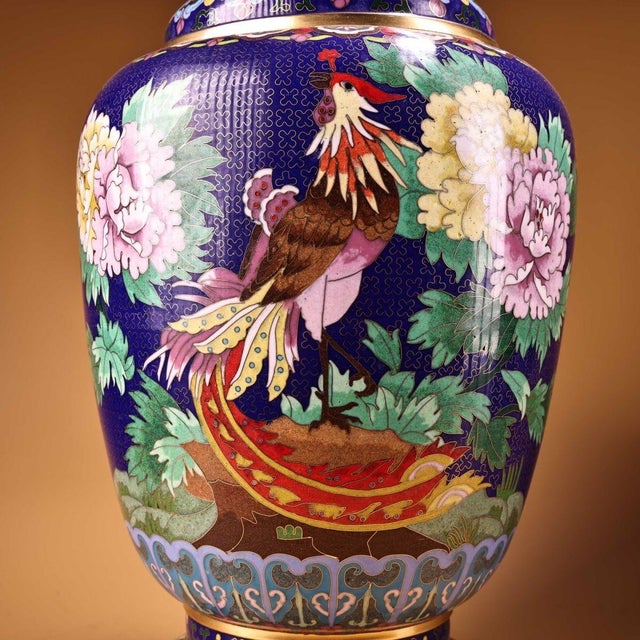 Late 20th Century Pair of Gilt Bronze Cloisonné Enamel Vase With Rooster and Peony Motif For Sale - Image 5 of 10