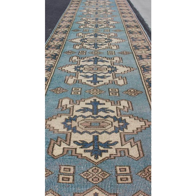 Long Vintage Turkish Runner With Geometric Design in Light Blue and Taupe 2'9 X 17'4 For Sale - Image 9 of 12
