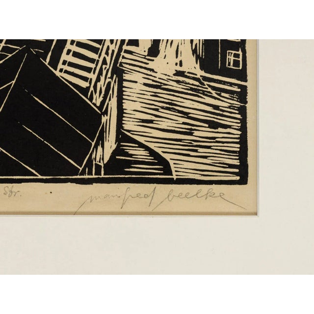 1970s Manfred Beelke, Potsdamer Strasse Elevated Railroad, Black and White Linocut on Paper, Framed For Sale - Image 5 of 9