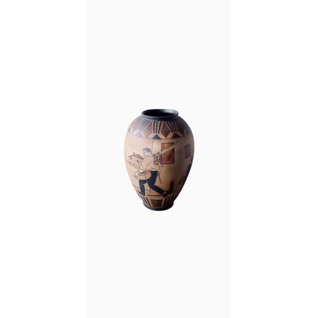 Ciboure, Étienne Vilotte period, exceptional ovoid stoneware vase with a rare rotating decoration of a scene of life in...