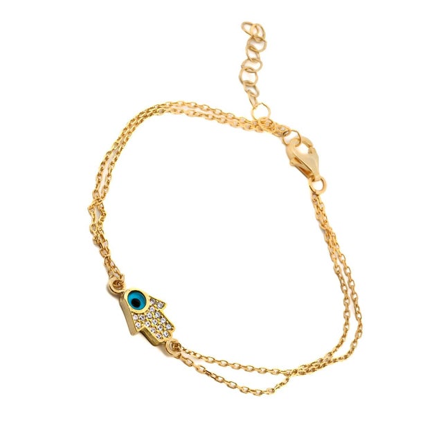 Metal Minimalist Sparkly Hamsa Hand & Evil Eye Gold Bracelet For Sale - Image 7 of 11