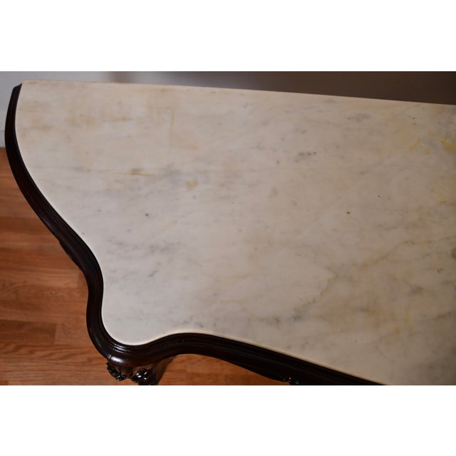 French 1880s Antique French Louis XV Hand Carved Walnut & Marble Top Console Sofa Table For Sale - Image 3 of 18