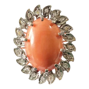 Retro Red Coral and Diamond Ring 14k White Gold ,Size 8.25