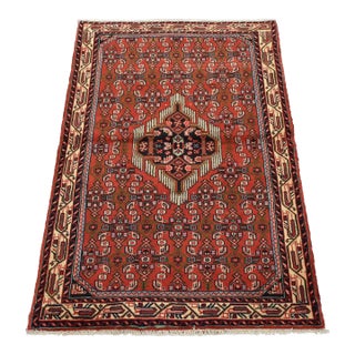 Hamedan Rug 3’5” X 4’10” Red Wool Vintage Tribal Hand-Knotted Carpet For Sale