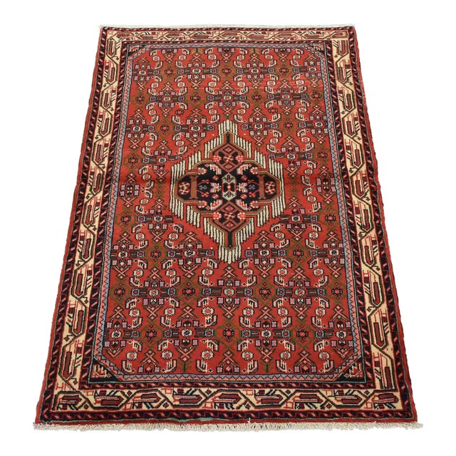 Hamedan Rug 3’5” X 4’10” Red Wool Vintage Tribal Hand-Knotted Carpet For Sale