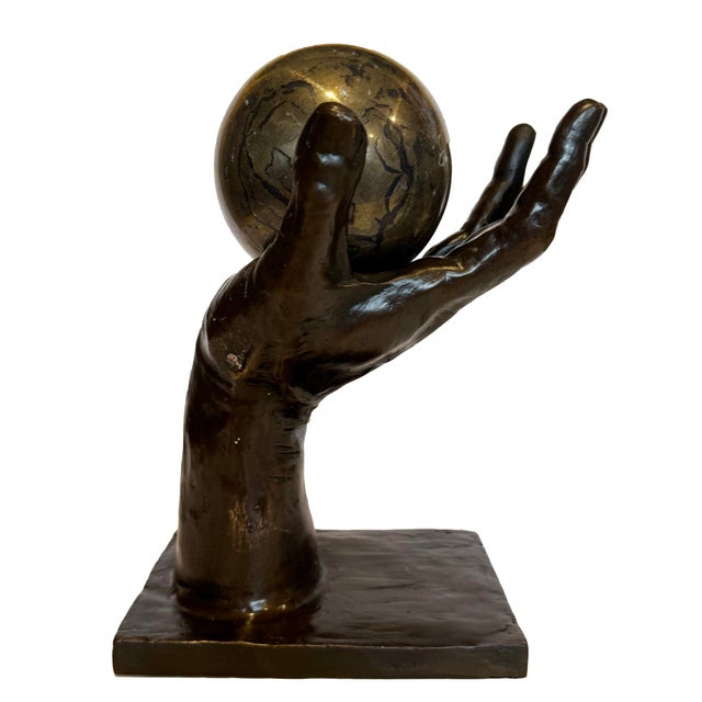 2010s Bronze Hand Sculpture With Hematite Sphere For Sale - Image 5 of 7