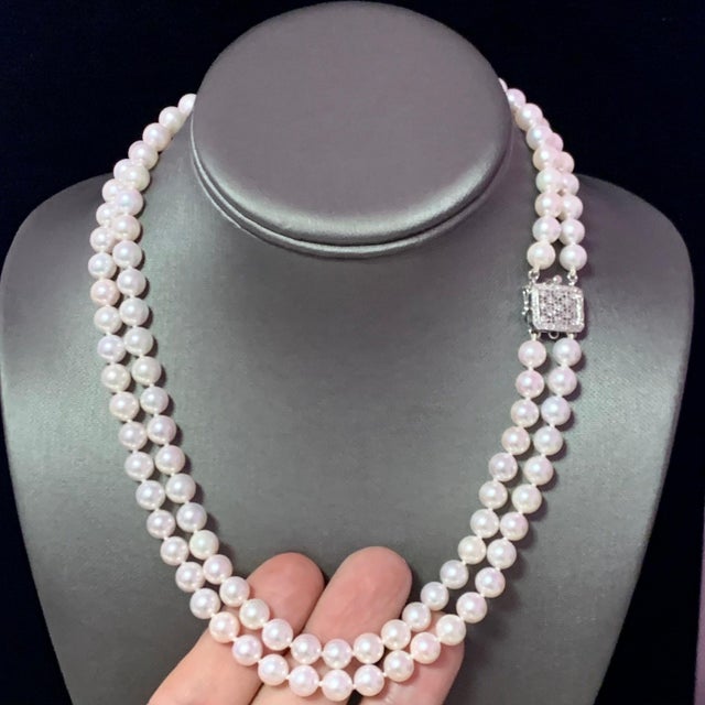 Diamond Akoya Pearl 2-Strand Necklace 14k Gold Certified For Sale - Image 10 of 11