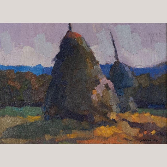 Capture the golden hush of the countryside with Twilight Haystacks , an original oil painting by Joan Condins (1929–2001)....