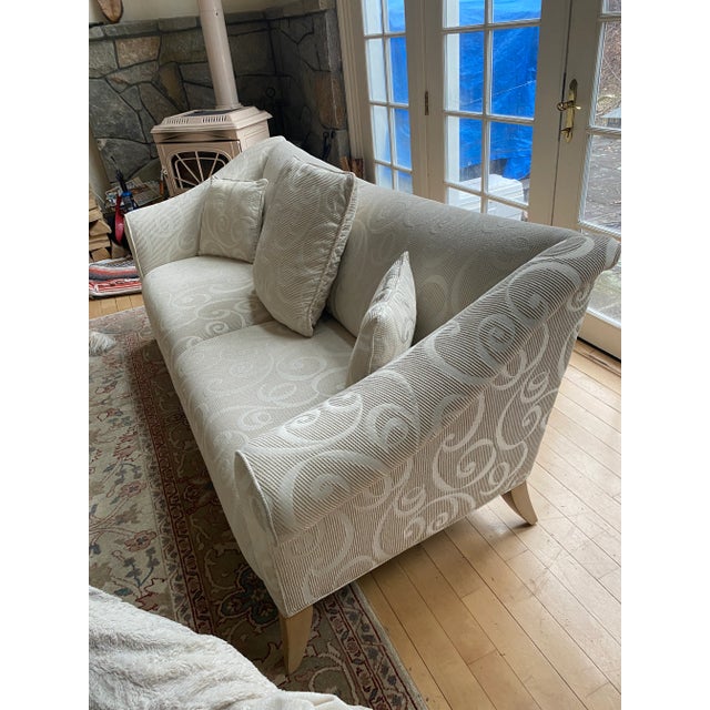 Wood Contemporary White Fabric Sofa With Swirl Pattern, Blond Wood Curved Legs For Sale - Image 7 of 8