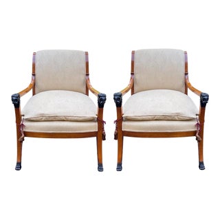 Italian Neo-Classical Style Walnut and Ebony Arm Chairs With Lions, Pair For Sale