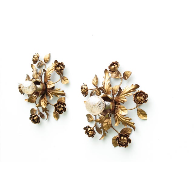 1970s Gold-Plated Wall Lights with Roses, Italy, 1970s, Set of 2 For Sale - Image 5 of 9