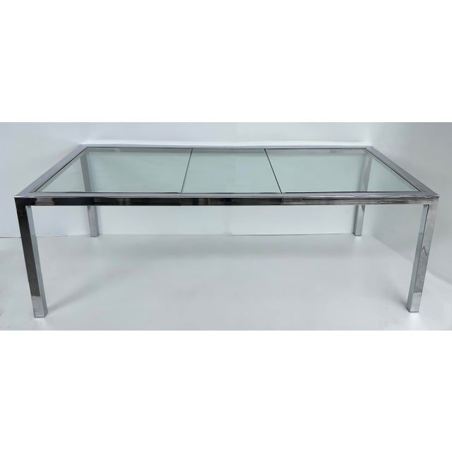 Vintage Milo Baughman DIA Chrome, Glass Dining Table, Expandable with Leaf Offered for sale is a Milo Baughman for Design...