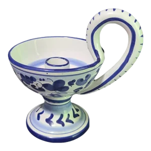Vintage Hand Painted Santucci Deruta Blue & White Candle Chamberstick Signed #B1