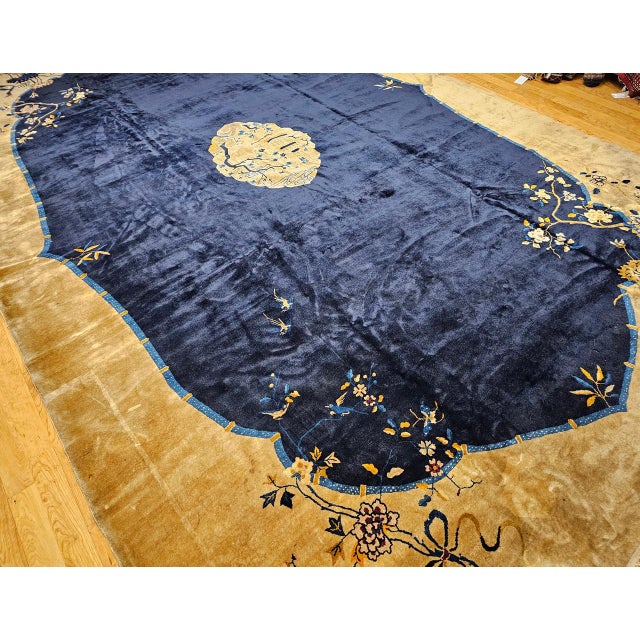 Antique Art Deco Chinese Oversized Rug, Handwoven Wool, Cranes & Butterflies Design, Navy & Tan, 14' X 19' For Sale - Image 4 of 17