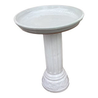 Vintage American Made White Glazed Terracotta Column Pedestal Bird Bath For Sale