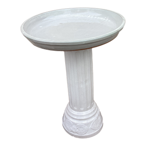 Vintage American Made White Glazed Terracotta Column Pedestal Bird Bath