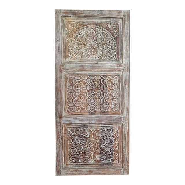 Vintage Hand-Carved Floral Whitewash Wood Sliding Door – Rustic Entry Barn Door 80x36 For Sale