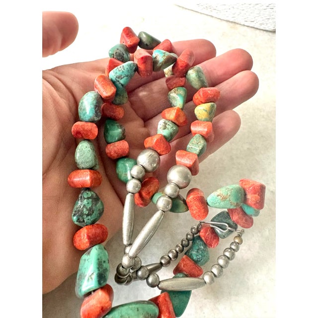 Vintage Native American Turquoise and Coral Beaded Necklace With Sterling Silver Clasp For Sale - Image 4 of 4