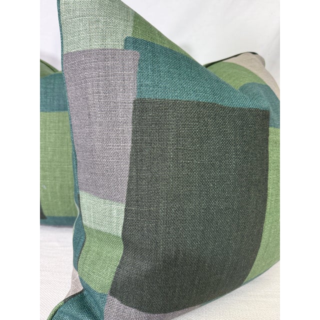 Custom pair of 22" pillows covered front and back in same repeat of Peter Dunham "Collage" in color green/gray linen....