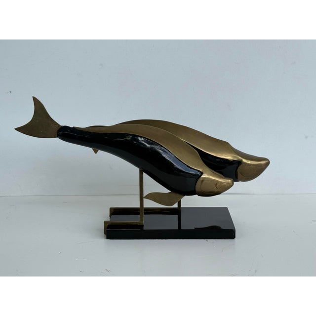 Vintage Brass and Wood Sculpture Depicting Two Fish In the manner of Doug Wylie