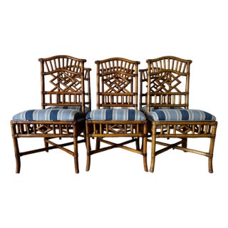 Vintage Coastal Chinese Chippendale-Style Rattan & Leather Dining Chairs – Set of 6 For Sale