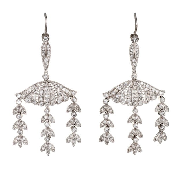 Mid 20th Century 2.25ct Diamond Dangle Earrings Vintage Platinum 14k Gold Foliate Drops - 2 Pieces For Sale - Image 4 of 4