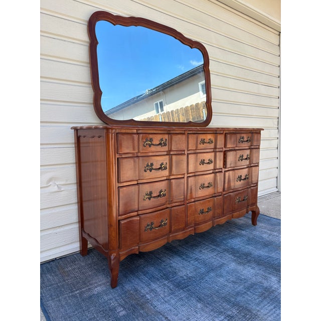 Vintage 1940s Solid Cherry 12-Drawer Serpentine French Provincial Triple Dresser and Matching Mirror Set For Sale In Los Angeles - Image 6 of 12