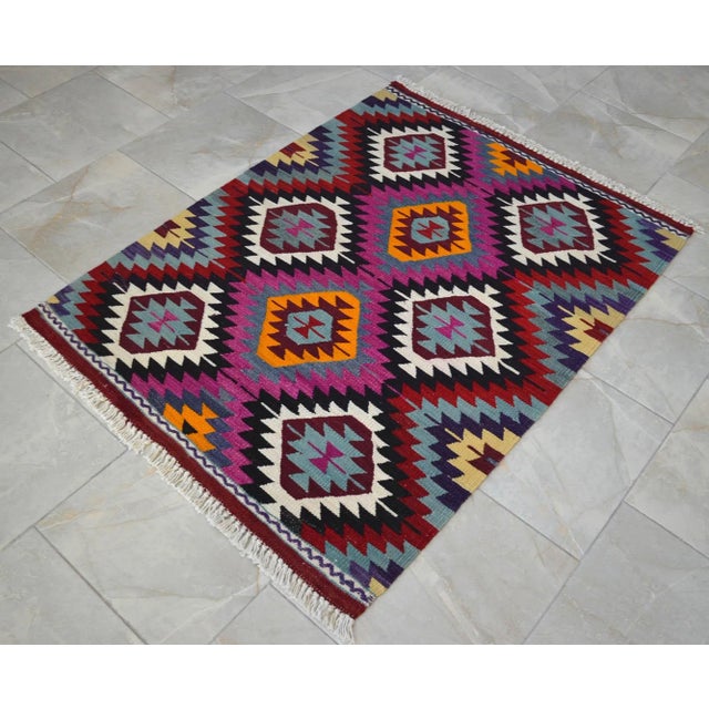 Vintage Turkish Hand-Made Kilim Rug - 3′5″ × 4′5″ For Sale - Image 4 of 11