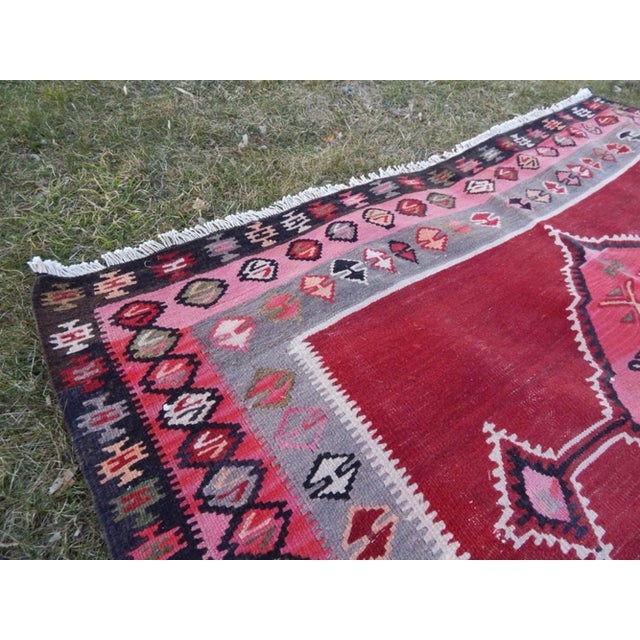 Raspberry Red Muted Pastel Colors Authentic Handmade Wool Rug 5'8'' X 13'2'' For Sale - Image 8 of 11