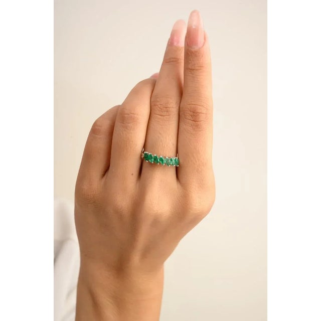Marquise Emerald Half Eternity Stacking Band Ring in 14k White Gold Size 7 For Sale In New York - Image 6 of 13