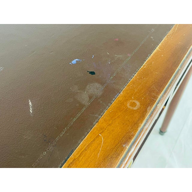 Vintage Solid Mahogany Writing Desk With Leather Top and Brass Hardware For Sale - Image 14 of 18