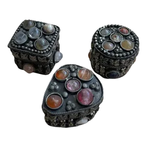 Vintage Asian Mixed Metal Trinket Boxes With Embedded Gem Stones - Set of 3