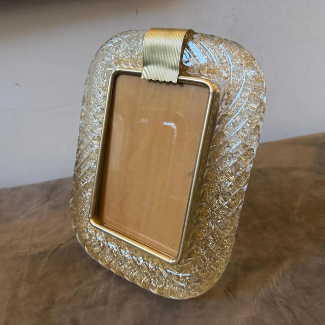 1990s Barovier Style Art Deco Brass and Gold Murano Glass Picture Frame For Sale - Image 9 of 11