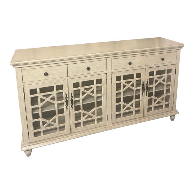 Country Chic Four-Door Lattice Sideboard in Distressed Antique White For Sale