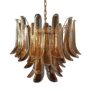 Vintage Italian Murano Chandelier with 36 Lattimo Amber Glass Petals, 1990s For Sale