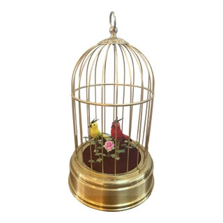 Early 20th Century West German Two-Bird Singing Automaton in Gilded Cage For Sale