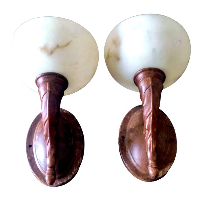 1940s Arts & Crafts Style Wall Sconces With Bowl Shaped Slip Shades - a Pair For Sale