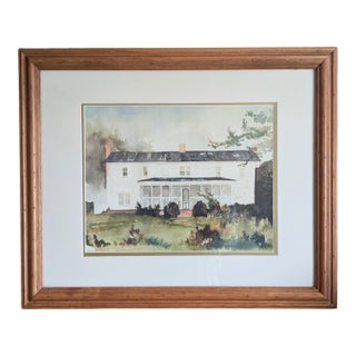 Vintage Original Architectural White Farmhouse Watercolor Painting Framed For Sale