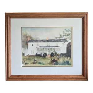 Vintage Original Architectural White Farmhouse Watercolor Painting Framed