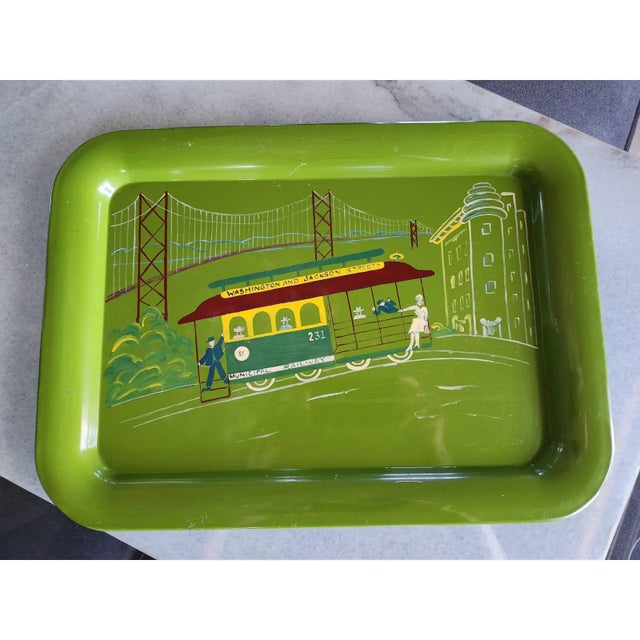 Mid 20th Century Hand Painted Green Serving Tray San Francisco Cable Car Railway For Sale - Image 4 of 8