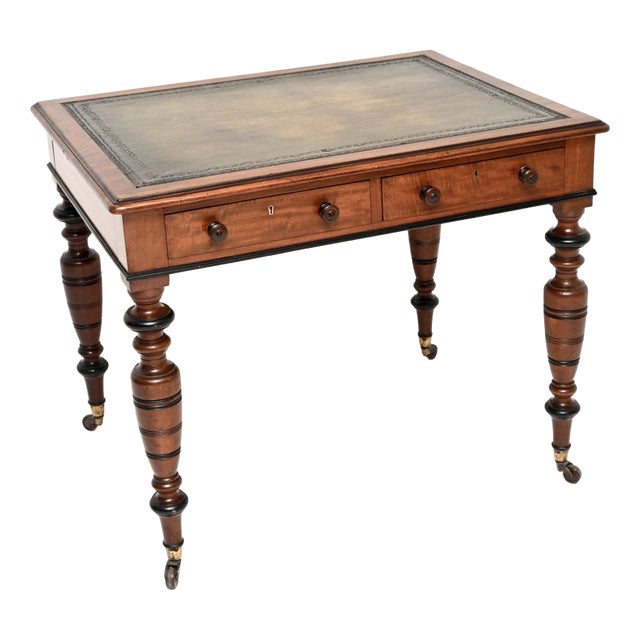 Antique Victorian Leather Top Writing Table, 1880s For Sale