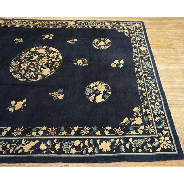 1920s Antique Blue Rectangle Floral Deco Room Size Knotted Chinese Peking Rug For Sale In New York - Image 6 of 6