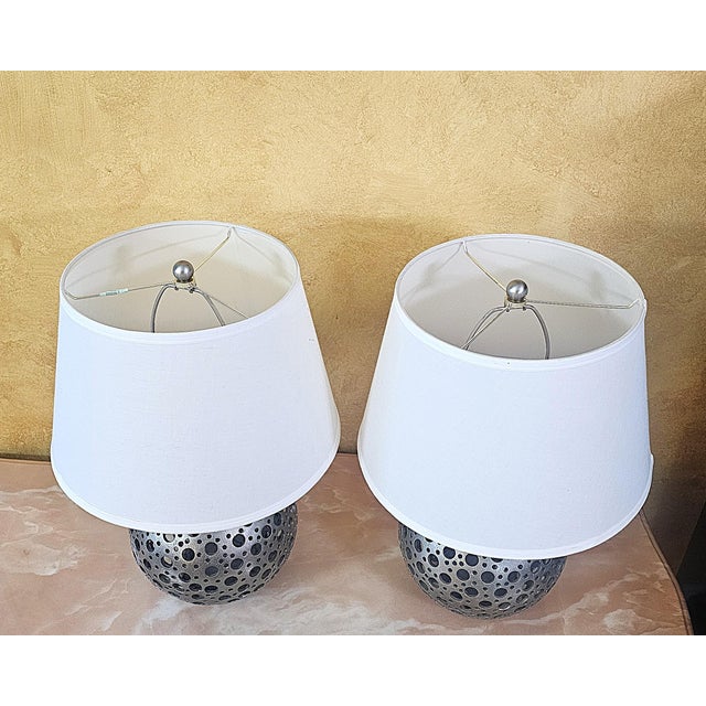 2010s Pair of Pierced Pewter Globe Table Lamps With Shades For Sale - Image 5 of 18
